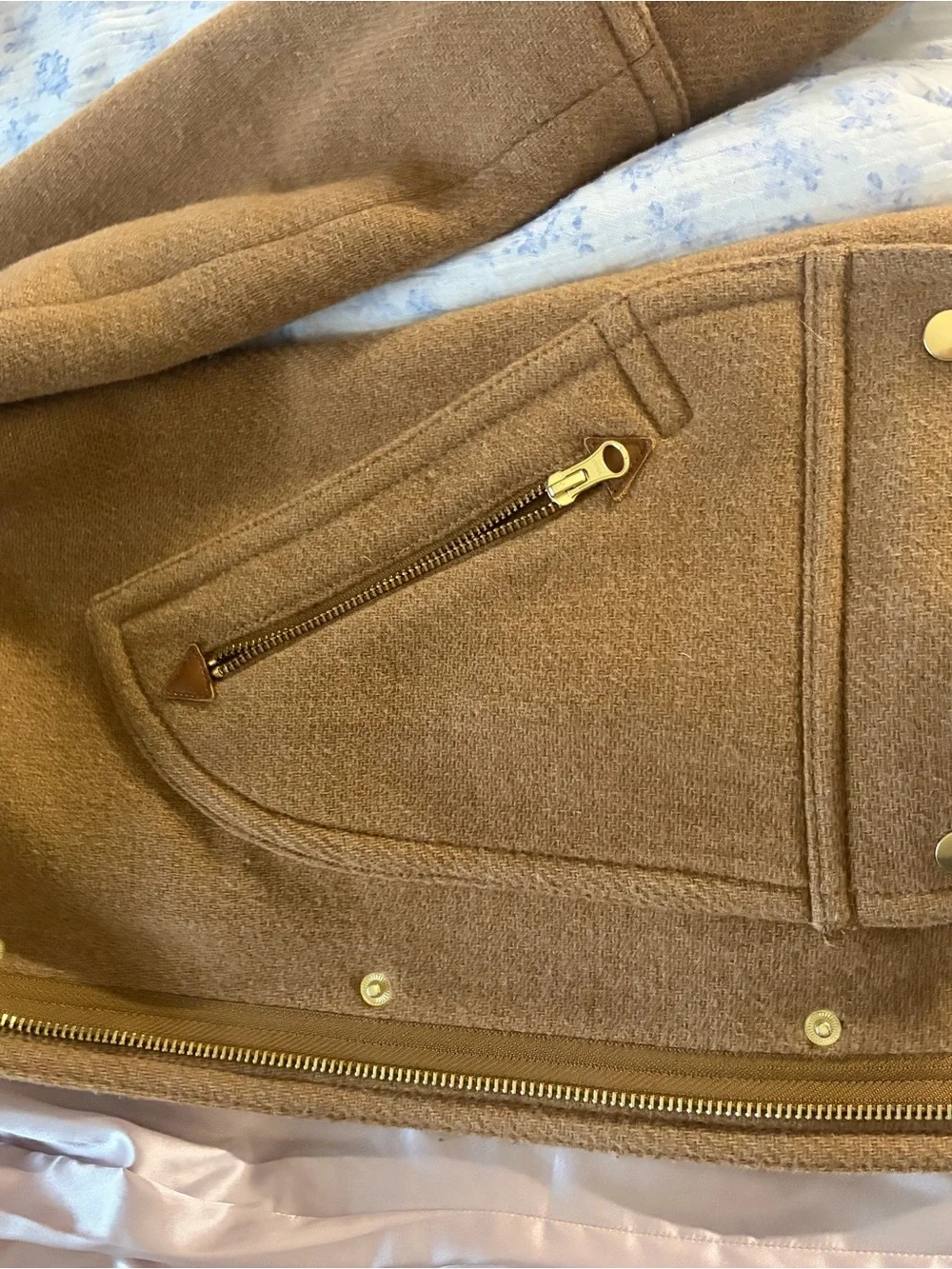 J. Crew Camel Wool-Blend Hooded Pea Coat with Faux-Fur Trim